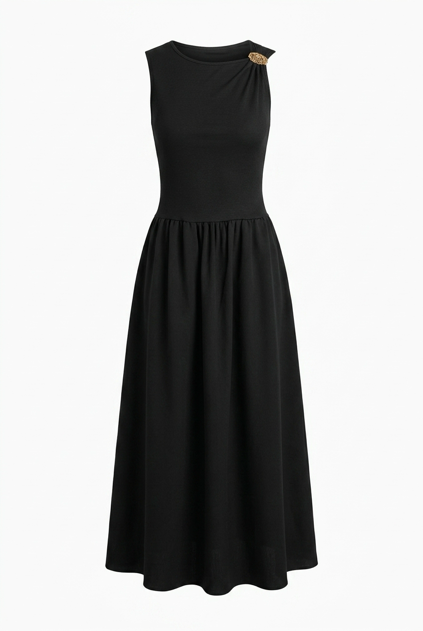 ROBE NOIRE BI MATIÈRE AVEC BROCHE