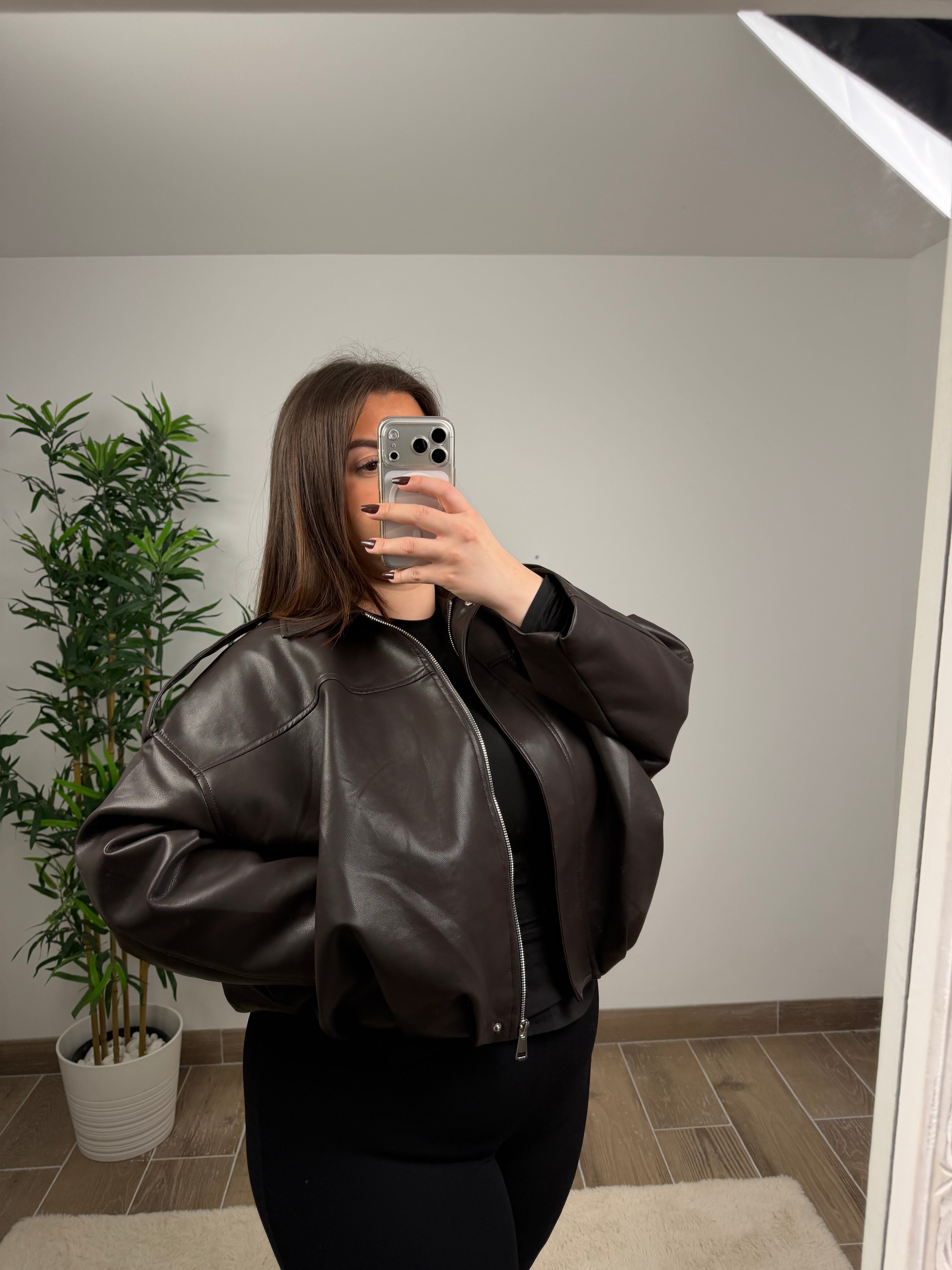 BOMBERS OVERSIZE MARRON EN SIMILICUIR