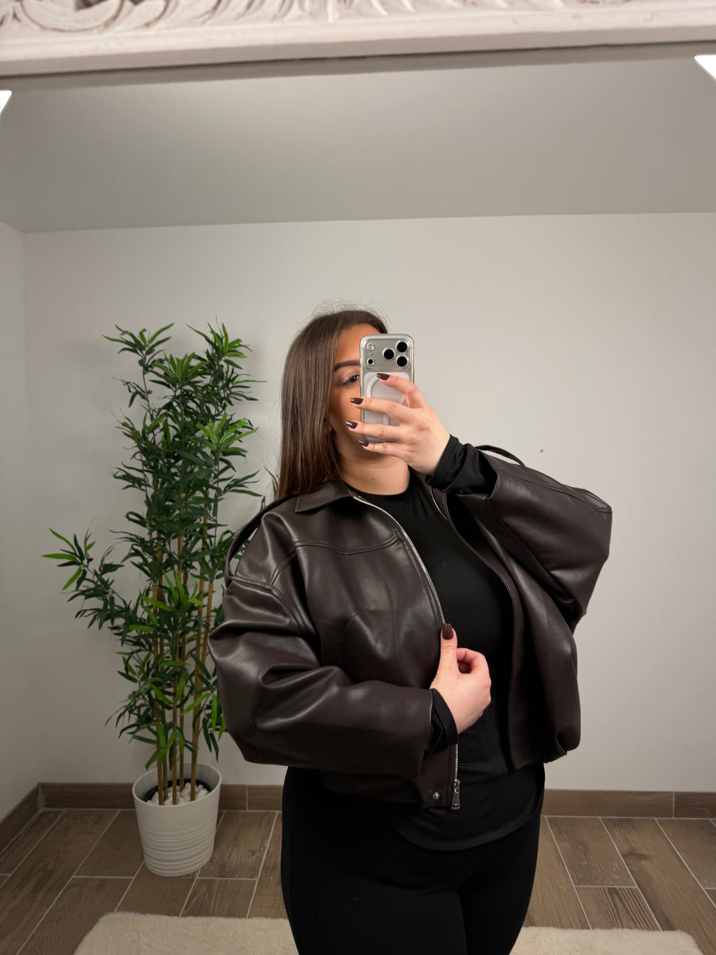 BOMBERS OVERSIZE MARRON EN SIMILICUIR