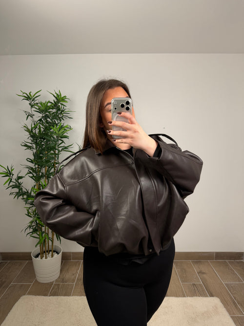 BOMBERS OVERSIZE MARRON EN SIMILICUIR