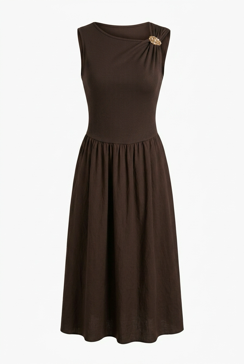 ROBE MARRON BI MATIÈRE AVEC BROCHE