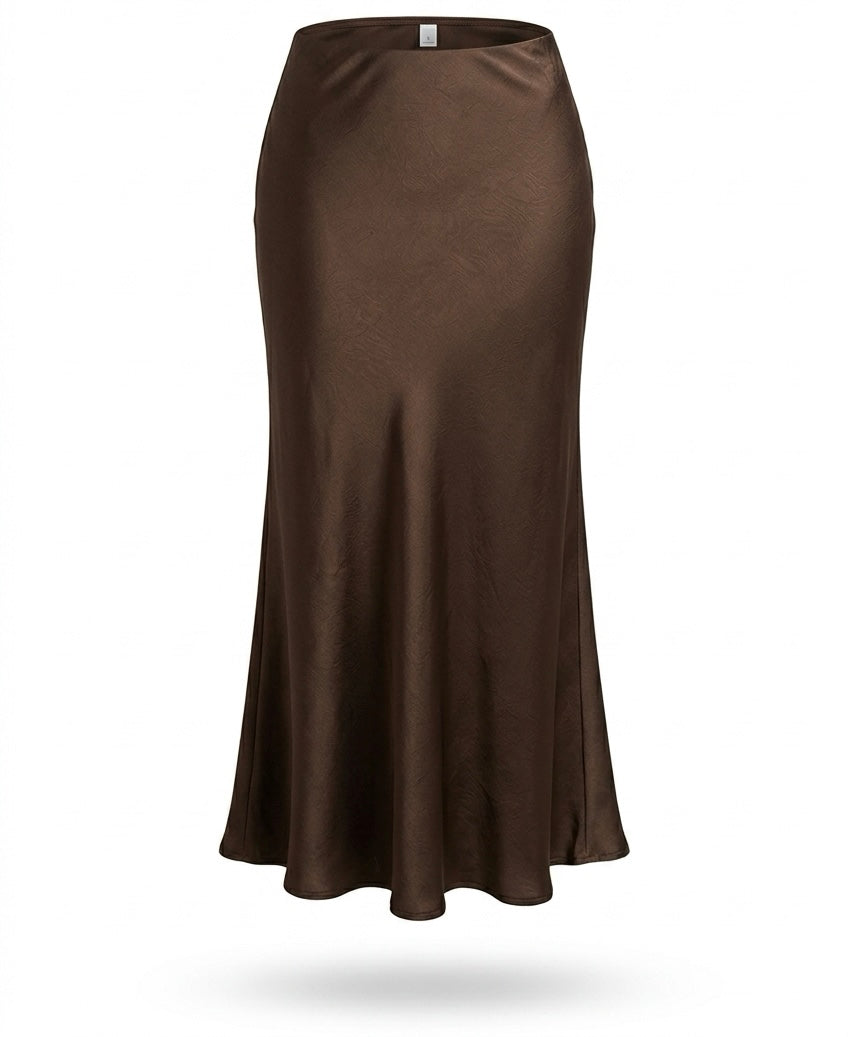JUPE LONGUE MARRON SATINÉE